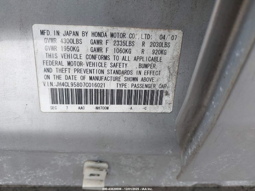 2007 Acura Tsx VIN: JH4CL95807C016021 Lot: 43820556