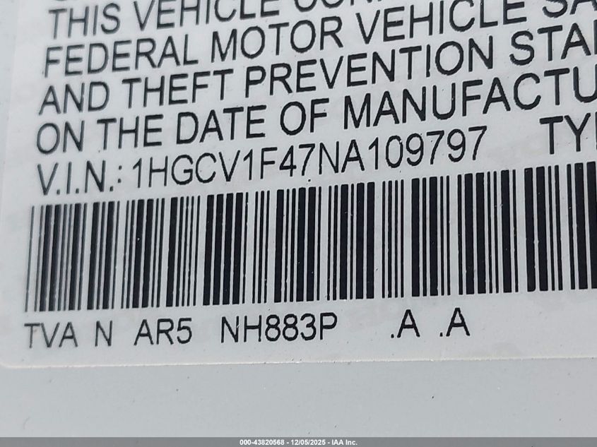 2022 Honda Accord Sport Se VIN: 1HGCV1F47NA109797 Lot: 43820568