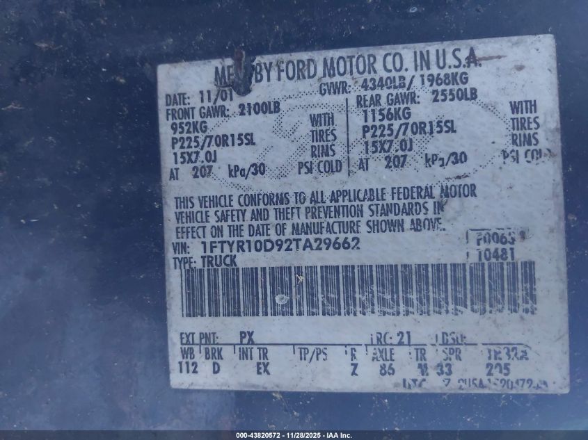 2002 Ford Ranger Xl/Xlt VIN: 1FTYR10D92TA29662 Lot: 43820572