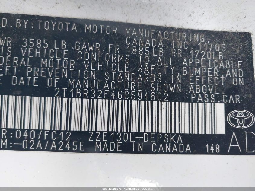 2006 Toyota Corolla S VIN: 2T1BR32E46C594602 Lot: 43820576