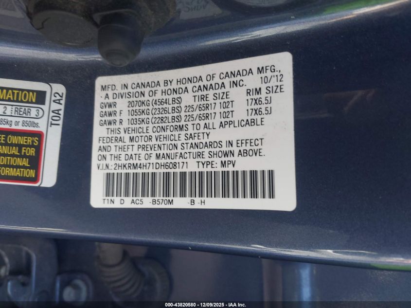 2013 Honda Cr-V Ex-L VIN: 2HKRM4H71DH608171 Lot: 43820580