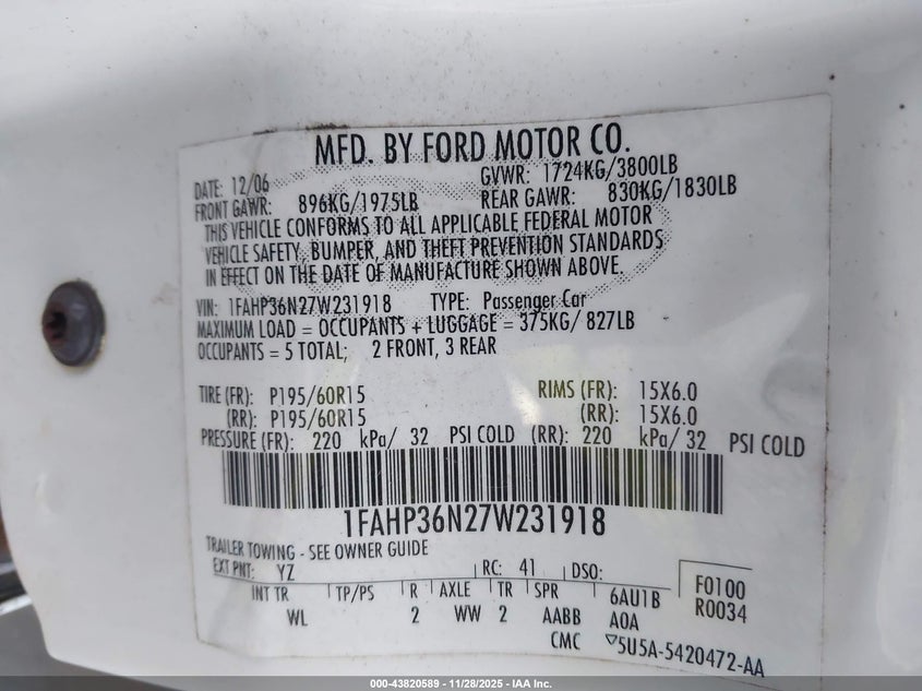 2007 Ford Focus Se/Ses VIN: 1FAHP36N27W231918 Lot: 43820589