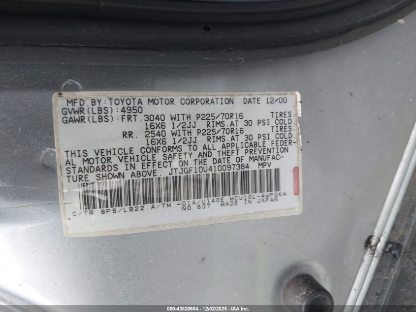 2001 Lexus Rx 300 VIN: JTJGF10U410097384 Lot: 43820604