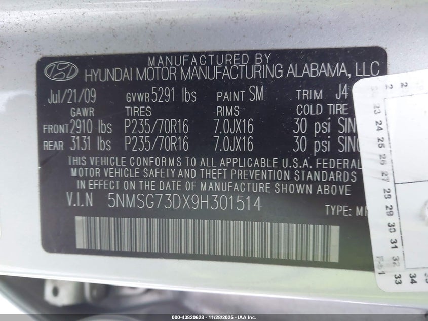 2009 Hyundai Santa Fe Gls VIN: 5NMSG73DX9H301514 Lot: 43820628