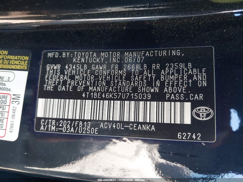 2007 Toyota Camry Le VIN: 4T1BE46K57U715039 Lot: 43820631