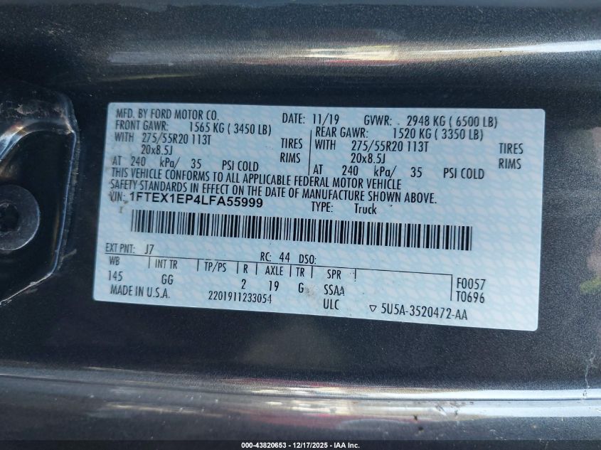 2020 Ford F-150 Xl VIN: 1FTEX1EP4LFA55999 Lot: 43820653