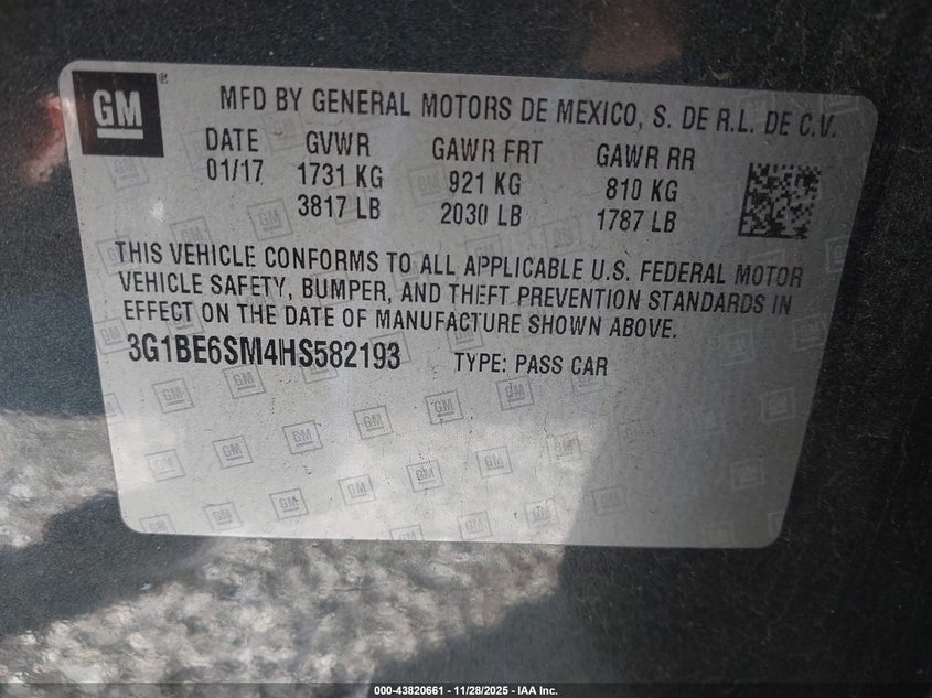 2017 Chevrolet Cruze Lt Auto VIN: 3G1BE6SM4HS582193 Lot: 43820661