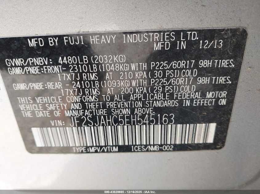 2014 Subaru Forester 2.5I Limited VIN: JF2SJAHC5EH545163 Lot: 43820665