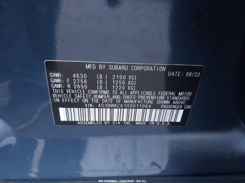 2024 Subaru Legacy Premium VIN: 4S3BWAC61R3011064 Lot: 43820664