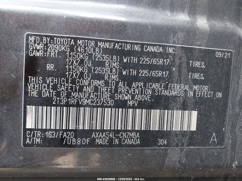 2021 Toyota Rav4 Xle VIN: 2T3P1RFV9MC237530 Lot: 43820668