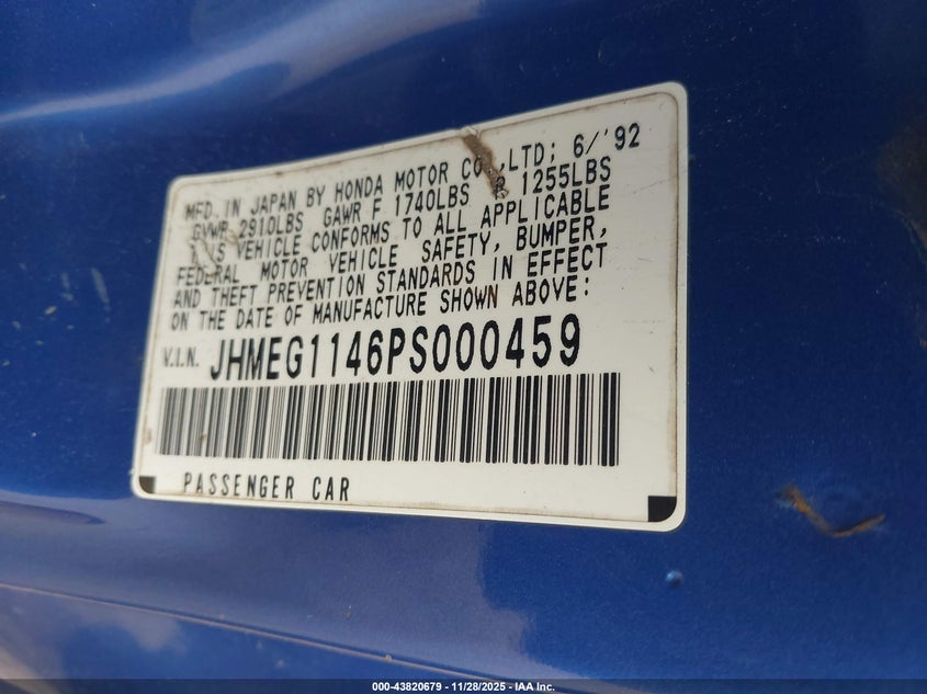 1993 Honda Civic Del Sol S VIN: JHMEG1146PS000459 Lot: 43820679