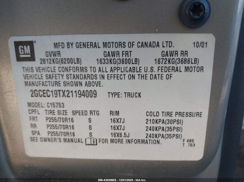 2002 Chevrolet Silverado 1500 Ls VIN: 2GCEC19TX21194009 Lot: 43820682