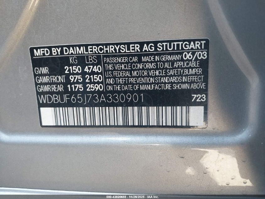 2003 Mercedes-Benz E 320 VIN: WDBUF65J73A330901 Lot: 43820688