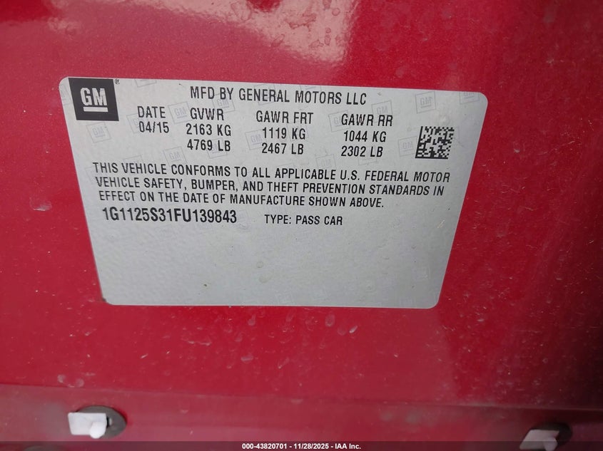 2015 Chevrolet Impala 2Lt VIN: 1G1125S31FU139843 Lot: 43820701