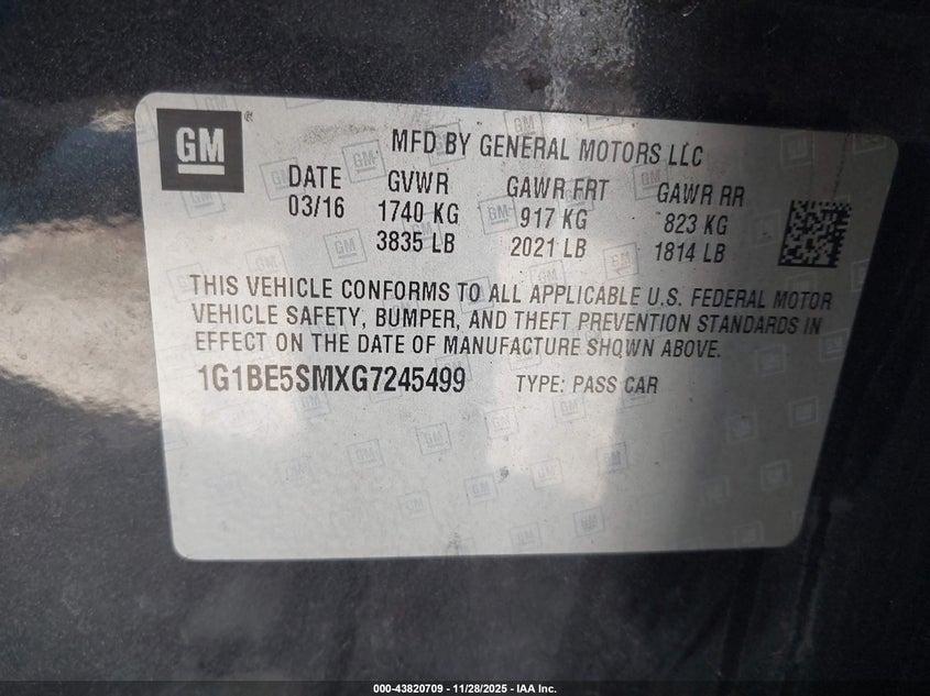 2016 Chevrolet Cruze Lt Auto VIN: 1G1BE5SMXG7245499 Lot: 43820709