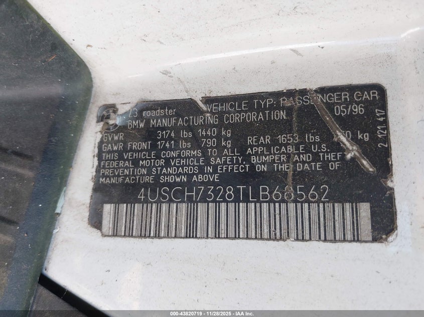1996 BMW Z3 1.9 VIN: 4USCH7328TLB68562 Lot: 43820719