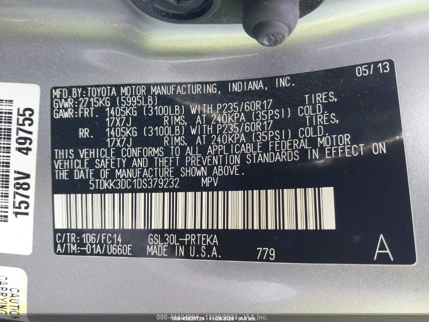 2013 Toyota Sienna Le V6 8 Passenger VIN: 5TDKK3DC1DS379232 Lot: 43820724