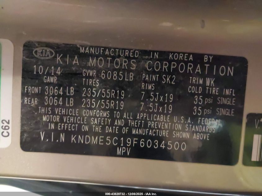 2015 Kia Sedona Sx Luxury VIN: KNDME5C19F6034500 Lot: 43820732