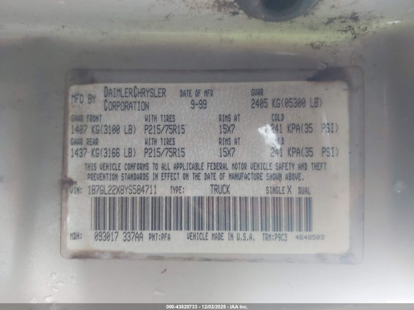 2000 Dodge Dakota Slt/Sport VIN: 1B7GL22X8YS584711 Lot: 43820733