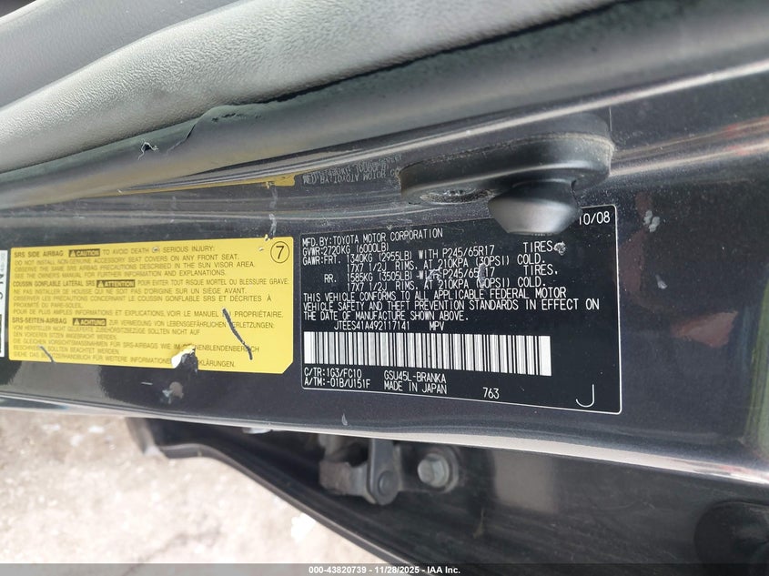 2009 Toyota Highlander VIN: JTEES41A492117141 Lot: 43820739