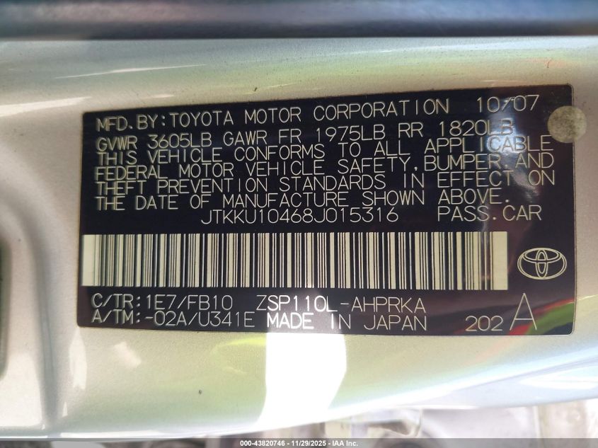 2008 Scion Xd VIN: JTKKU10468J015316 Lot: 43820746