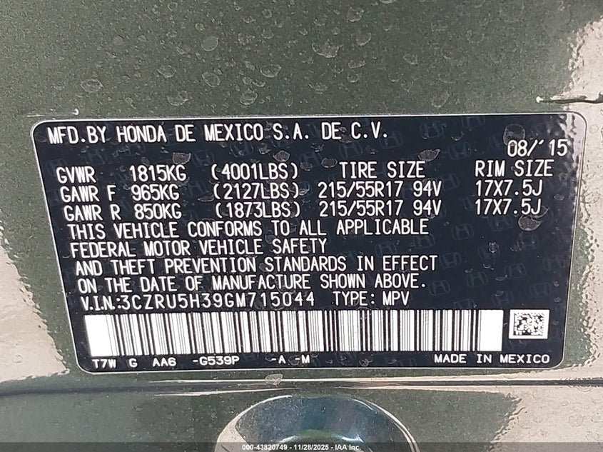 2016 Honda Hr-V Lx VIN: 3CZRU5H39GM715044 Lot: 43820749