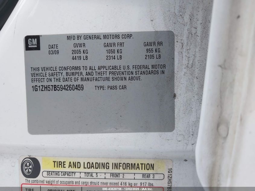 2009 Chevrolet Malibu Lt VIN: 1G1ZH57B594260459 Lot: 43820756