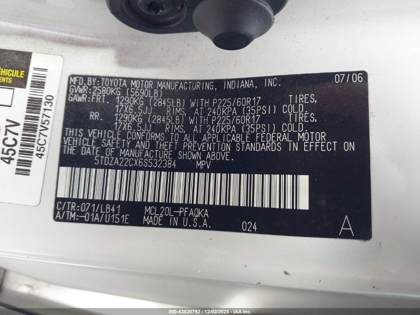 2006 Toyota Sienna Xle VIN: 5TDZA22CX6S532384 Lot: 43820792