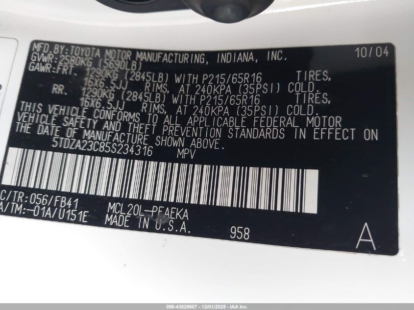 2005 Toyota Sienna Le VIN: 5TDZA23C85S234316 Lot: 43820807