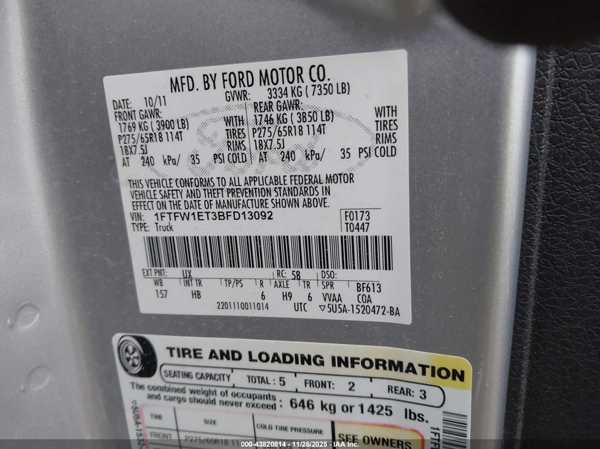 2011 Ford F-150 Lariat VIN: 1FTFW1ET3BFD13092 Lot: 43820814