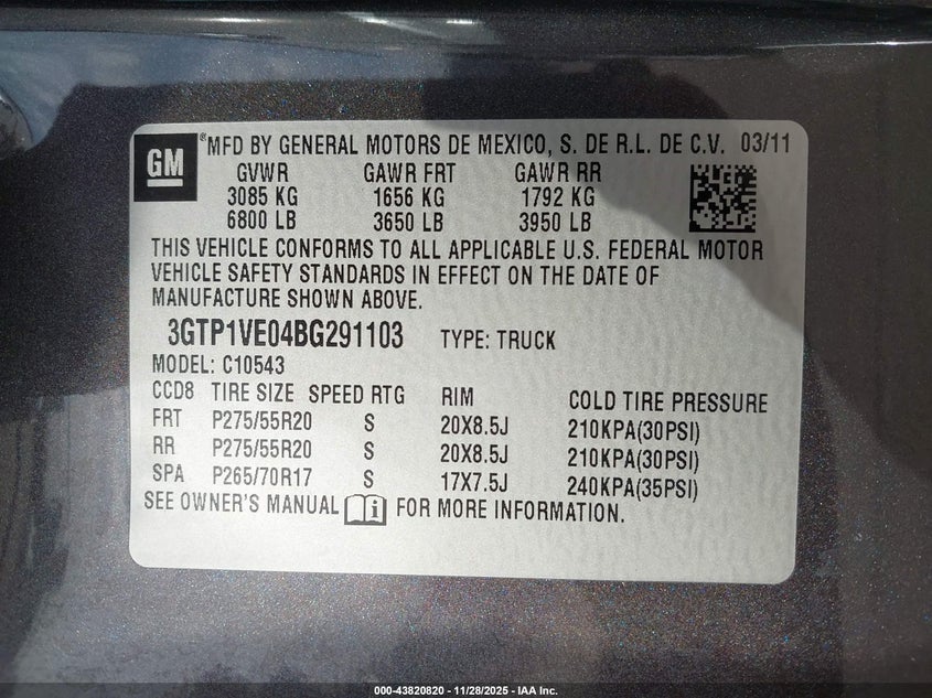 2011 GMC Sierra 1500 Sle VIN: 3GTP1VE04BG291103 Lot: 43820820