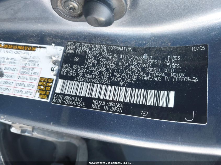 2006 Toyota Highlander Limited V6 VIN: JTEDP21A060099343 Lot: 43820826