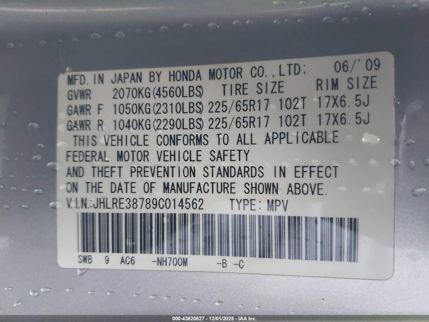 JHLRE38789C014562 2009 HONDA CR-V photo no. 9