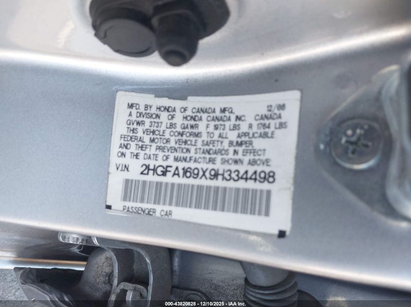 2009 Honda Civic Ex-L VIN: 2HGFA169X9H334498 Lot: 43820828
