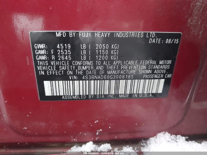 2016 Subaru Legacy 2.5I Premium VIN: 4S3BNAD60G3008185 Lot: 43820830