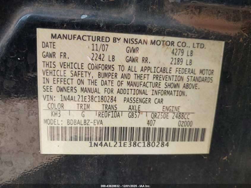 2008 Nissan Altima 2.5 S VIN: 1N4AL21E38C180284 Lot: 43820832