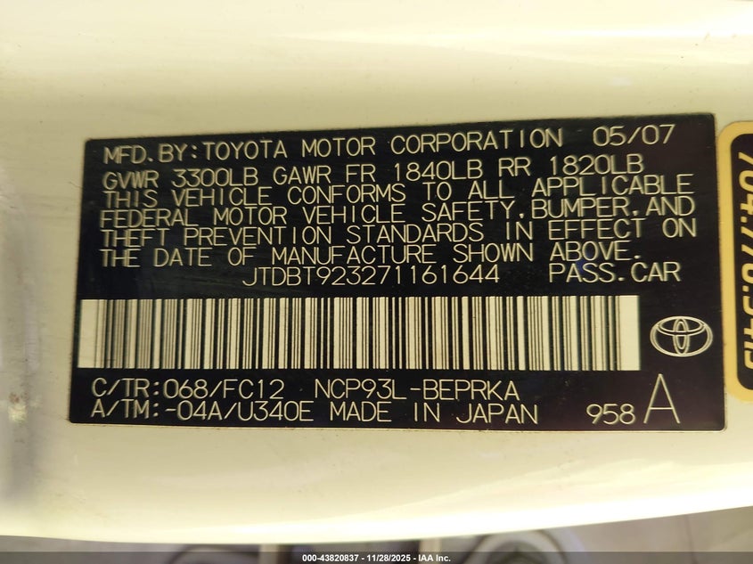 2007 Toyota Yaris VIN: JTDBT923271161644 Lot: 43820837