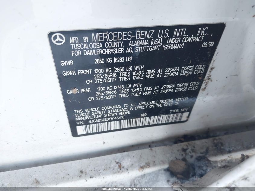 2000 Mercedes-Benz Ml 320 VIN: 4JGAB54E3YA145410 Lot: 43820840