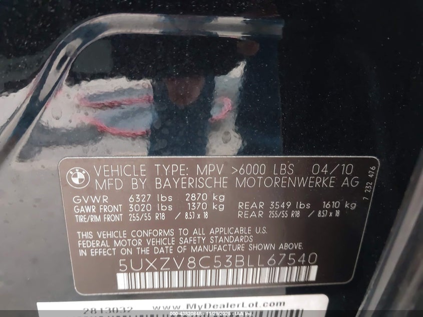 2011 BMW X5 xDrive50I VIN: 5UXZV8C53BLL67540 Lot: 43820848