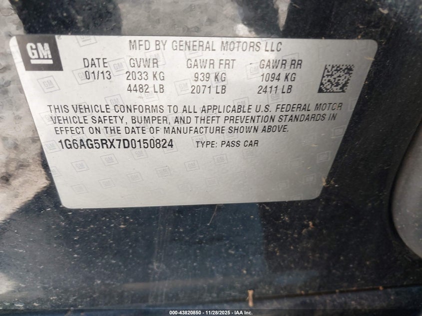 2013 Cadillac Ats Standard VIN: 1G6AG5RX7D0150824 Lot: 43820850