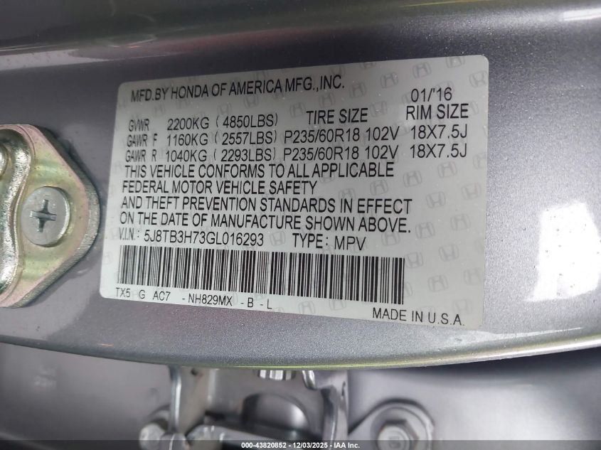 2016 Acura Rdx Advance Package VIN: 5J8TB3H73GL016293 Lot: 43820852