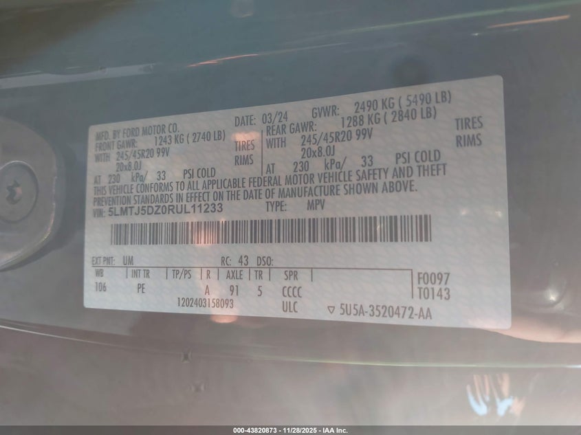 2024 Lincoln Corsair Grand Touring VIN: 5LMTJ5DZ0RUL11233 Lot: 43820873