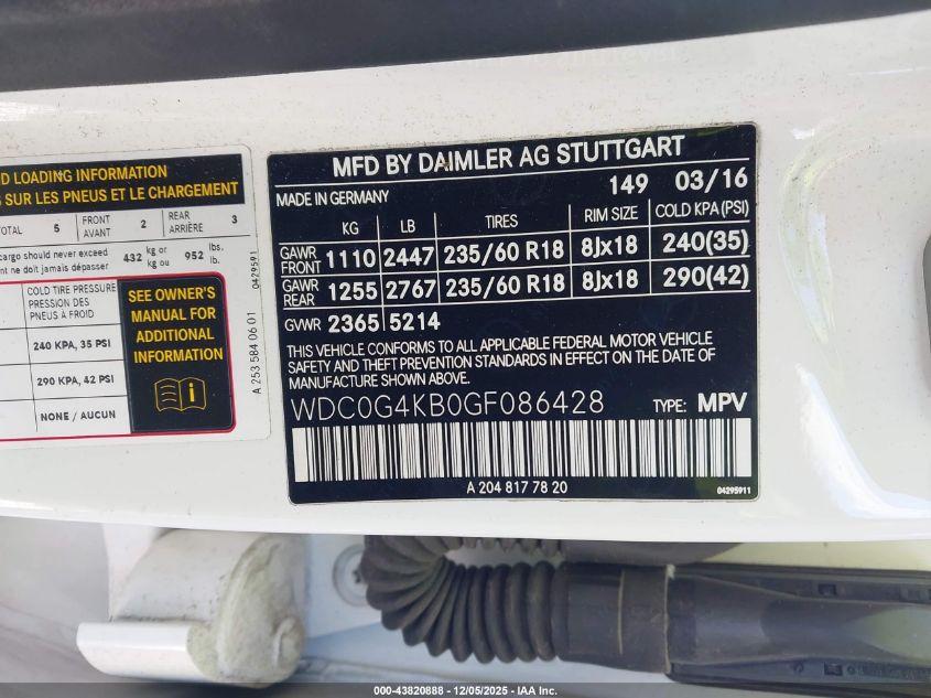 2016 Mercedes-Benz Glc 300 4Matic VIN: WDC0G4KB0GF086428 Lot: 43820888