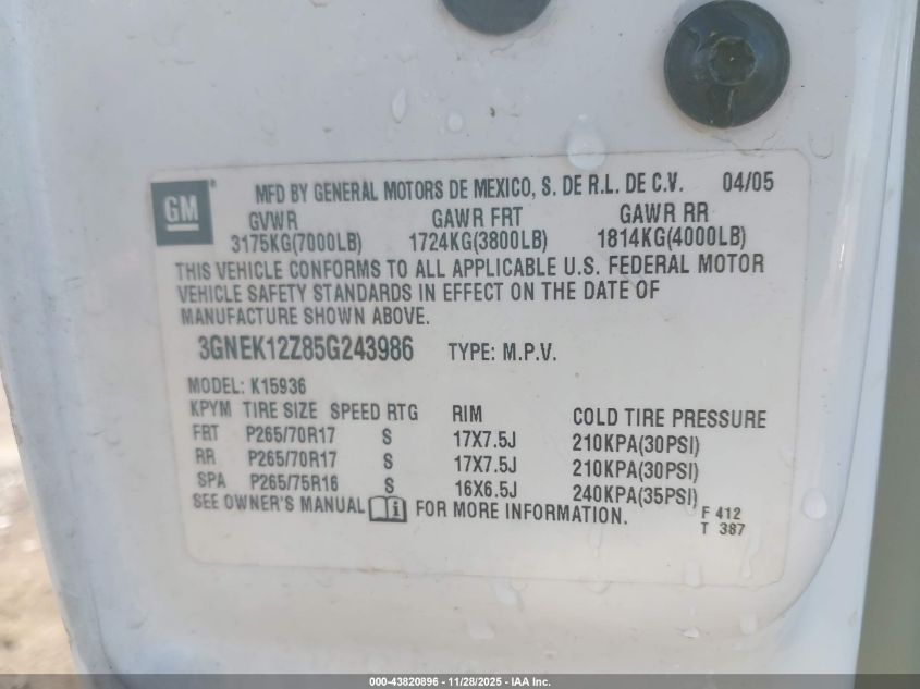 2005 Chevrolet Avalanche 1500 Z71 VIN: 3GNEK12Z85G243986 Lot: 43820896