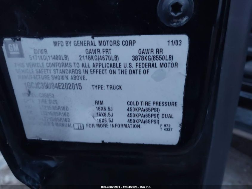 2004 Chevrolet Silverado 3500 Ls VIN: 1GCJC39U84E202015 Lot: 43820901