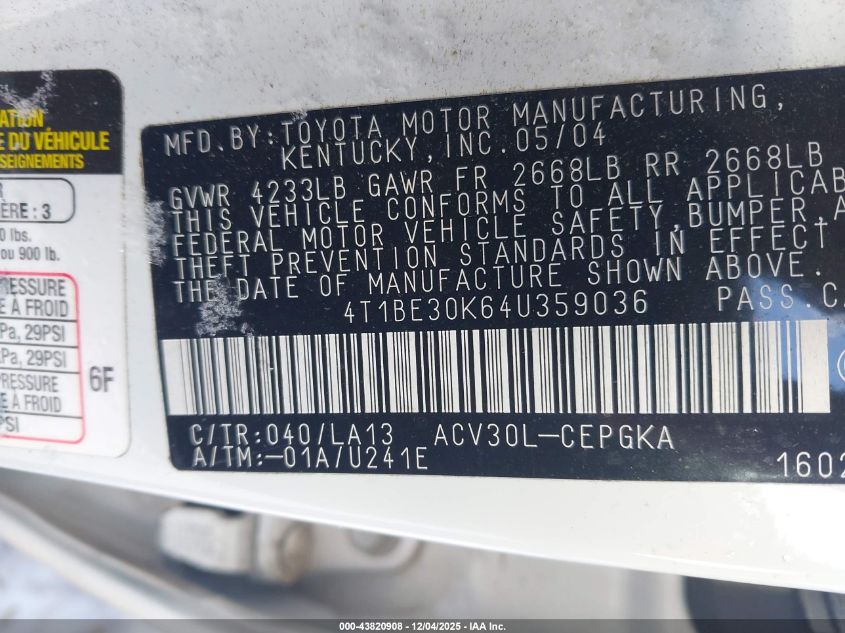 2004 Toyota Camry Xle VIN: 4T1BE30K64U359036 Lot: 43820908