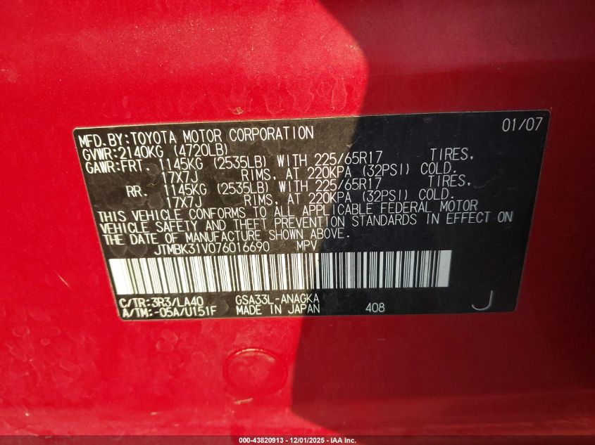 2007 Toyota Rav4 Limited V6 VIN: JTMBK31V076016690 Lot: 43820913