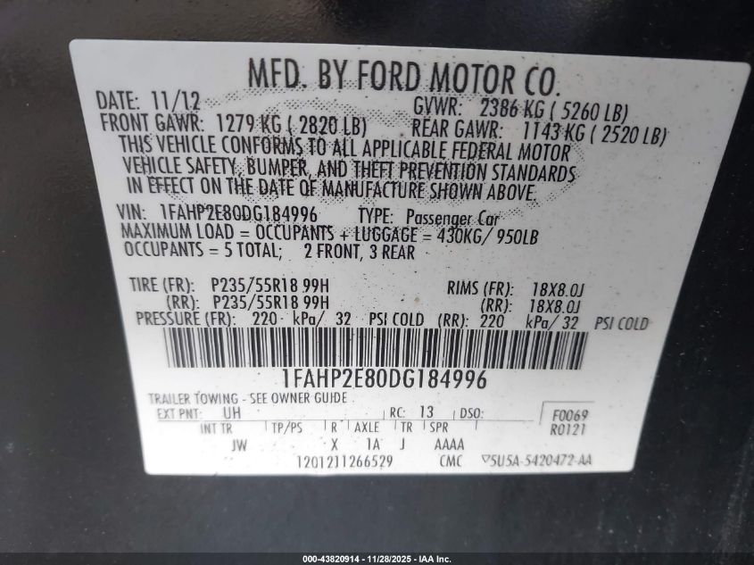 2013 Ford Taurus Sel VIN: 1FAHP2E80DG184996 Lot: 43820914