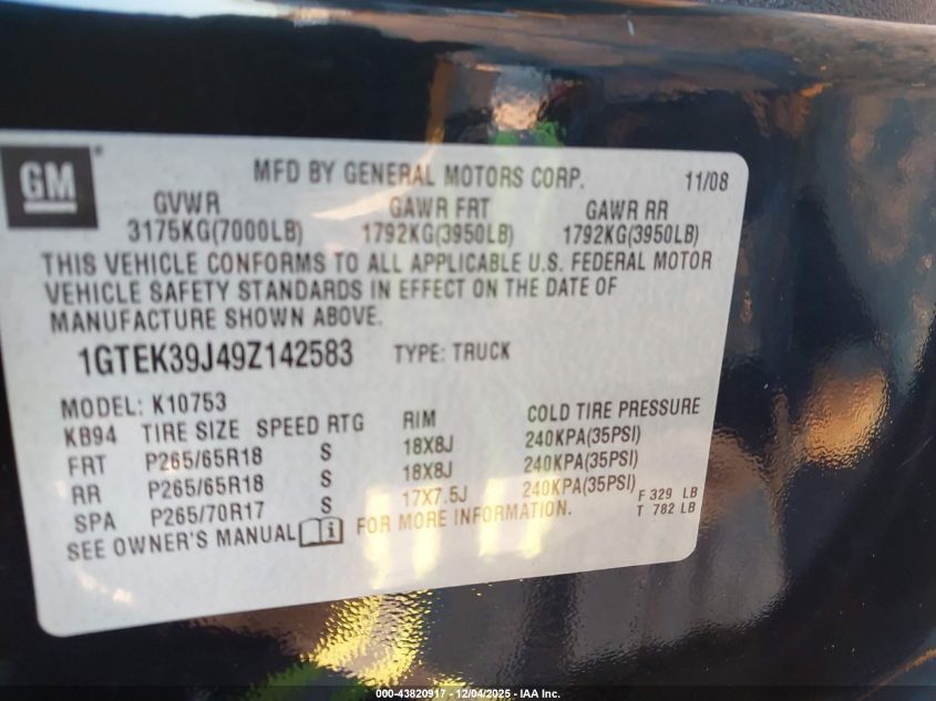 2009 GMC Sierra 1500 Slt VIN: 1GTEK39J49Z142583 Lot: 43820917