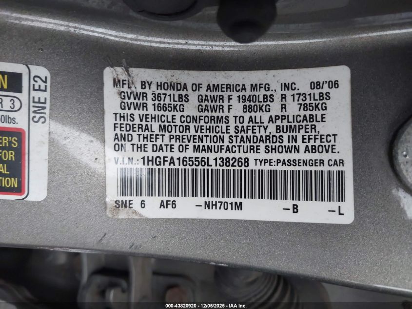 2006 Honda Civic Lx VIN: 1HGFA16556L138268 Lot: 43820920